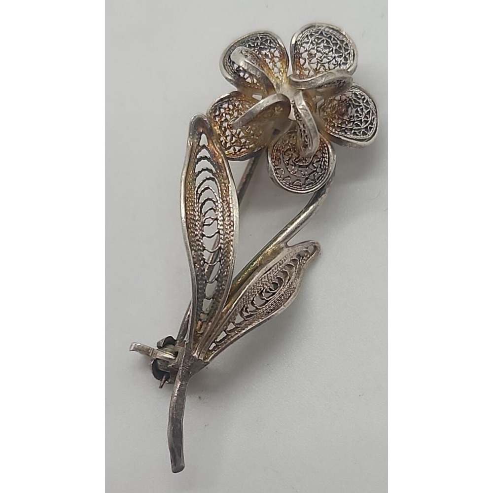 Antique 900 silver filigree FLOWER‎ brooch pin